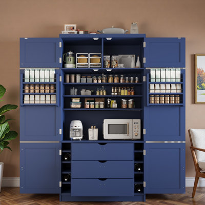 Tall Freestanding Kitchen Pantry With 2 Power Outlets, 3 Bottom Drawers, 6 Door Shelves, Wine Racks And Storage Cabinet by Latitude Run