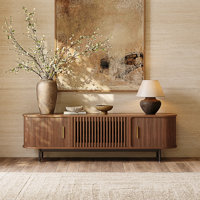 Solid Wood Tambour Door TV Stand, Red Oak & Rubberwood, Ash Rolling Door Media Console With Ventilated Slatted Design For AV Equipment