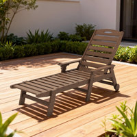 HDPE Wood Grain Outdoor Chaise Lounge Chair with Wheels & Cup Holder, 5-Position Adjustable Recliner, All-Weather Poolside Lounger by Latitude Run
