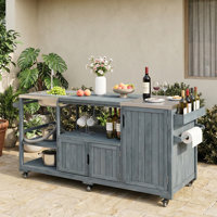 75.4" Outdoor Kitchen Island with Stainless Steel Sink, Solid Wood Rolling Grill Bar Cart for XL Green Egg & Pizza Prep BBQ by Latitude Run