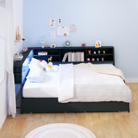 Corner Bed Frame With Storage Bookcase And Drawers, Wooden Bed With Charging Station And LED Light by Latitude Run