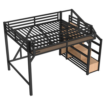Loft Bed With Storage Stairs, Shelves And Built-in Wardrobe, Metal Loft Bed Frame With Usb Ports And Led Lights For Teens, Adults, Noise-reduced Desig by Latitude Run