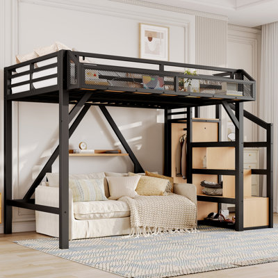 Loft Bed With Storage Stairs, Shelves And Built-in Wardrobe, Metal Loft Bed Frame With Usb Ports And Led Lights For Teens, Adults, Noise-reduced Desig by Latitude Run