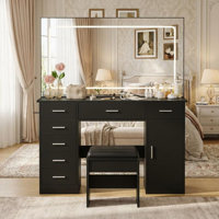 Vanity with Chair and Mirror and 7 Drawers Storage, White Makeup Vanity Desk with Lights, Vanitys Set with 3 Light Mode and Brightness Adjusted, Make by Wrought Studio