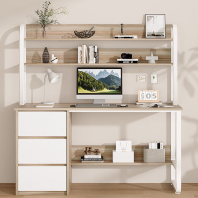Computer Desk with Hutch and Shelves, 60 Inch Office Desk with 3 Drawers for Small Places, Study Writing Desk with Storage for Bedrrom, Adjustable Fee by Latitude Run