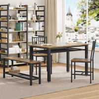Compact 4-Piece Farmhouse Dining Table Set – Table, 2 Chairs, Storage Bench & Racks – Modern Dining Room Furniture for Small Spaces and Apartments by August Grove