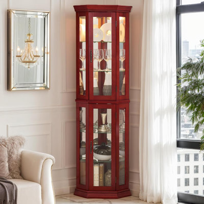 Corner Curio Cabinet with Light Bulb, Tempered Glass Doors, Floor Standing Glass Display Cage with 6 Tempered Glass Shelves, Wine Cabinet Storage Rac by Latitude Run