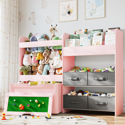 39.3"h Toys Storage Organizer With Stuffed Animal Storage, Kids Bookshelf With 4 Storage Bins, Large Movable Building Block Drawers For Children Rooms