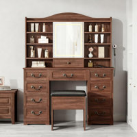Vanity Desk with Mirror and Lights, Makeup Vanity Table with Stool, Vanity Desk with 10 Drawers and 8 Storage Shelves, Adjustable LED Light Makeup Des by Astoria Grand
