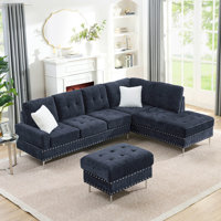 Sectional 3-Seaters Sofa With Chaise, Storage Ottoman, Metal Legs And Copper Nails,Two White Pillows ,Navy Bule(102" X 76" X35") by Latitude Run