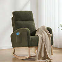 Modern Accent Rocking Chair with Solid Wood Legs, Upholstered Nursery Glider, Comfy Armchair with Side Pocket, High Backrest for Living Room