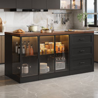 71"W Double Side Kitchen Island With Glass Door, 3 Cabinet And Drawers & Power Outlet by Latitude Run