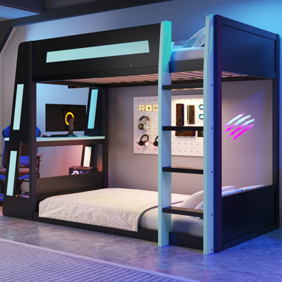 Wooden Gaming Bunk Bed with Desk, 2 Storage Shelves, USB Ports & LED Light, Black by Wrought Studio