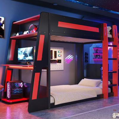 Wooden Gaming Bunk Bed with Desk, 2 Storage Shelves, USB Ports & LED Light, Black by Wrought Studio