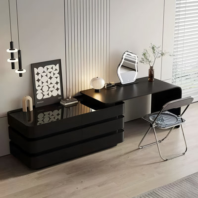 Modern Retractable Makeup Vanity Desk with Ambient LED Lighting, 6-Drawer Large Storage Dressing Table by Wrought Studio