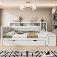 Full Size Wood Daybed with Trundle, Storage Shelves, Bench, USB Charging Station & Upholstered Headboard, White+Cream White Cushion by Latitude Run