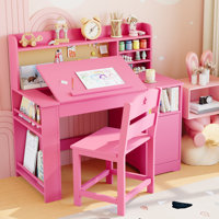 Kids Study Desk & Chair Set with Storage, Kids Study Desk with Hutch and Tiltable Desktop by Harriet Bee