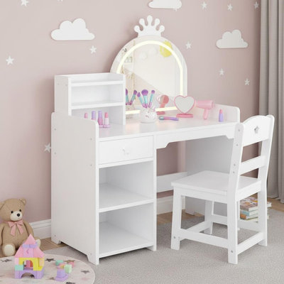 Kids Vanity Table and Chair Set with Mirror and Lights, White Makeup Vanity Desk with Drawer and Open Storage Shelves, Wooden Dressing Table for Littl by Mercer41