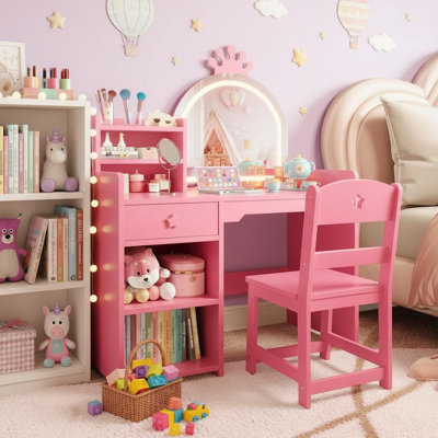 Kids Vanity Table and Chair Set with Mirror and Lights, White Makeup Vanity Desk with Drawer and Open Storage Shelves, Wooden Dressing Table for Littl by Mercer41