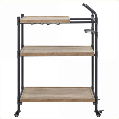 2-Shelf Serving Cart with Stemware Racks & Lockable Wheels | Oak/Sandy Black | Industrial,Rustic | Wood+Metal by Latitude Run