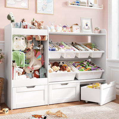 41.3"H Toy Storage Organizer, Large Stuffed Animal Storage with 6 Plastic Bins, 3 Movable Building Block Drawers for Kids Room, Playroom, Nursery