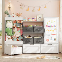 61"W Toys Storage Organizer, Stuffed Animal Storage, 3 Large Movable Drawers, 4 Fabric Storage Bins and Magnetic Drawing Board with Cube Storage Cabin by Isabelle & Max