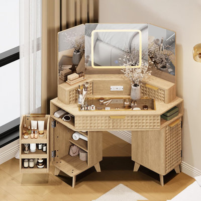 Vanity - Corner Vanity Desk, Vanity Mirror With Lights, 47.24" 3-way Mirror Makeup Vanity With Power Strip For Bedroom by Wrought Studio