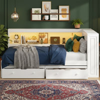 86 Inch Wide Full Size Wood Daybed With LED Lighting Charging Station And 2 Drawers Antique Wood by Hokku Designs