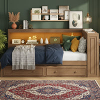 86 Inch Wide Full Size Wood Daybed With LED Lighting Charging Station And 2 Drawers Antique Wood by Hokku Designs