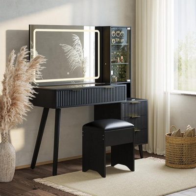 48" Fluted Makeup Vanity Desk with LED Mirror, Charging Station & Storage Stool for Bedroom by Wrought Studio