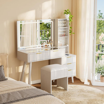48" Fluted Makeup Vanity Desk with LED Mirror, Charging Station & Storage Stool for Bedroom by Wrought Studio