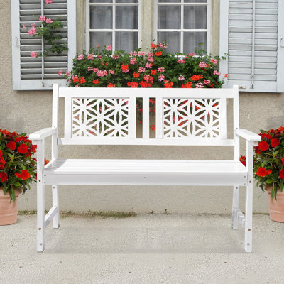 46-Inch White Solid Wood Patio Bench With Floral Backrest by Winston Porter