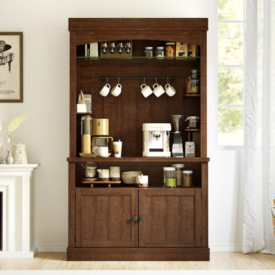 72" Farmhouse Coffee Bar Cabinet with LED Lights, Glass Doors, Adjustable Shelves, Microwave Stand and Kitchen Pantry Storage Sideboard