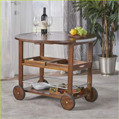 Outdoor Drop Leaf Bar Cart | Christopher Knight Home Tillary Modern Industrial Acacia Wood Brushed Silver Accents | Dark Oak | Wood by Latitude Run