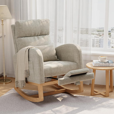 Rocking Chair with Extendable Footrest, Modern Nursery Glider with Side Pockets & Pillow, Wooden Rocker for Living Room, Bedroom, Nursing Room by George Oliver