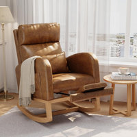 PU Leather Rocking Chair with Extendable Footrest, Modern Nursery Glider with Side Pockets & Pillow, Wooden Rocker for Living Room, Bedroom, Nursing R