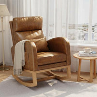 PU Leather Rocking Chair without Footrest, Modern Nursery Glider with Side Pockets & Pillow, Wooden Rocker for Living Room, Bedroom, Nursing Room