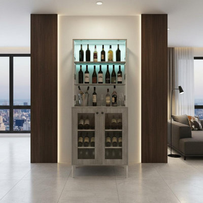67" Bar Cabinet with Tempered Glass Doors, Pantry Cabinet with LED Lights & Power Outlets, Industrial Wine Bar for Kitchen, Dining Room, Home Bar Stor