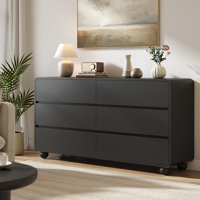 6 Drawer Dresser For Bedroom, 53" Wide Wood Dresser & Chests Of Drawer With Hidden Handles& Curved Profile Design, Wooden Dresser TV Stand For Bedroom
