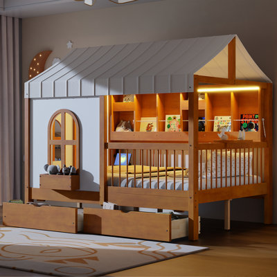 Full Size Kids House Bed with 2 Large Storage Drawers, Side Bookshelf & LED Lights, Walnut by Ebern Designs