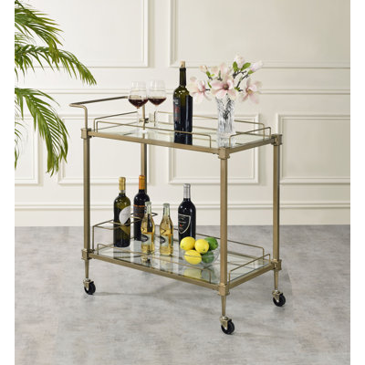 Sanda Serving Cart with Glass Shelves & Antique Brass Finish