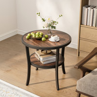 23.6” Rustic Industrial Round Side Table With 2-Tier Storage Shelf And Curved Metal Legs by Mercer41