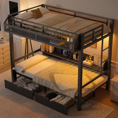 Full over Full Bunk Bed with Storage Shelves and Drawers,Multifunctional Metal Bunk Beds with USB Ports and LED Lights, Lower Bed that can be converte
