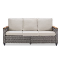All Weather Wicker Patio Couch, 3 Seats Patio Sofa With Cushions, Outdoor Patio Sofa For Garden, Porch, Backyard, Beige, Blue by Latitude Run