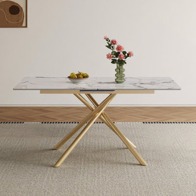 59" Rectangle Expandable Dining Table With Retractable Leaf, Sintered Stone Top & Carbon Steel X-Base, Sturdy 4-6 Person Table For Small Apartments, K by Ivy Bronx