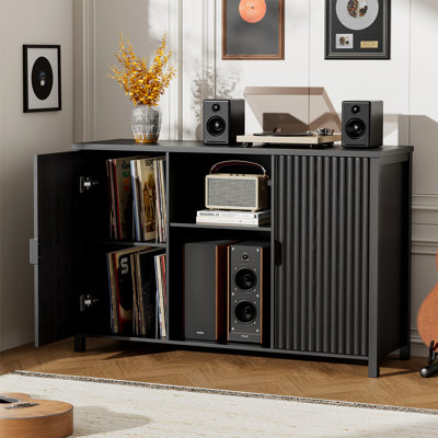 Large Record Player Stand With Vinyl Storage, 47" Wood Turntable Stand With Open Shelves And Fluted Doors, Vinyl Record Storage Cabinet Holds Up To 4 by Wrought Studio