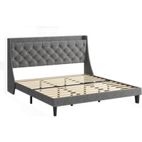 King Upholstered Bed Frame with Button Tufted Storage Headboard Wingback, Modern Wood Slats Support Platform Bed with Charging Station, Noise Free & N by Latitude Run