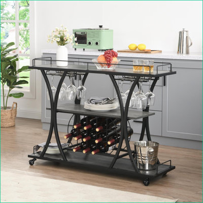 Industrial Bar Cart with 3-Tier Storage, Wheels & Wine Racks | Iron | Matte Silver by Latitude Run