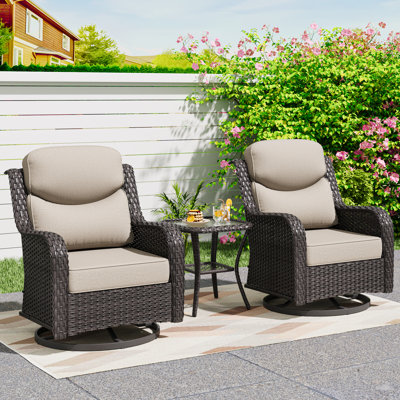 2-Person Outdoor Patio Conversation Rattan Seating Group With Side Table, 2 Swivel Chairs by Red Barrel Studio