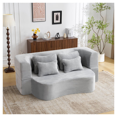 Queen Size Light Grey Modern Floor Futon Sofa Bed with 4 Pillows - Plush Fabric Folding Sofa Couch, High-Density Foam Mattress for Living Room Guest B